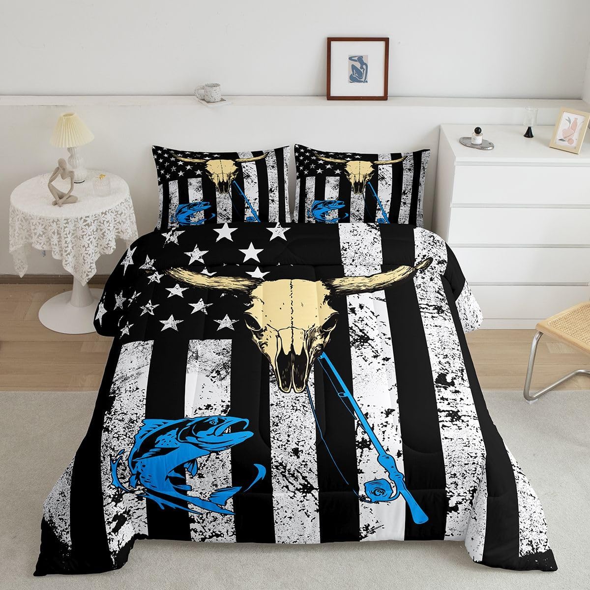 Erosebridal American Flag Comforter Set Queen, Hunting Fishing Bedding Sets Cow Skull Duvet Sets Fishing Rod United States Geometric Stripes Down Comforter for Kids Teens Adult Bedroom, Black White