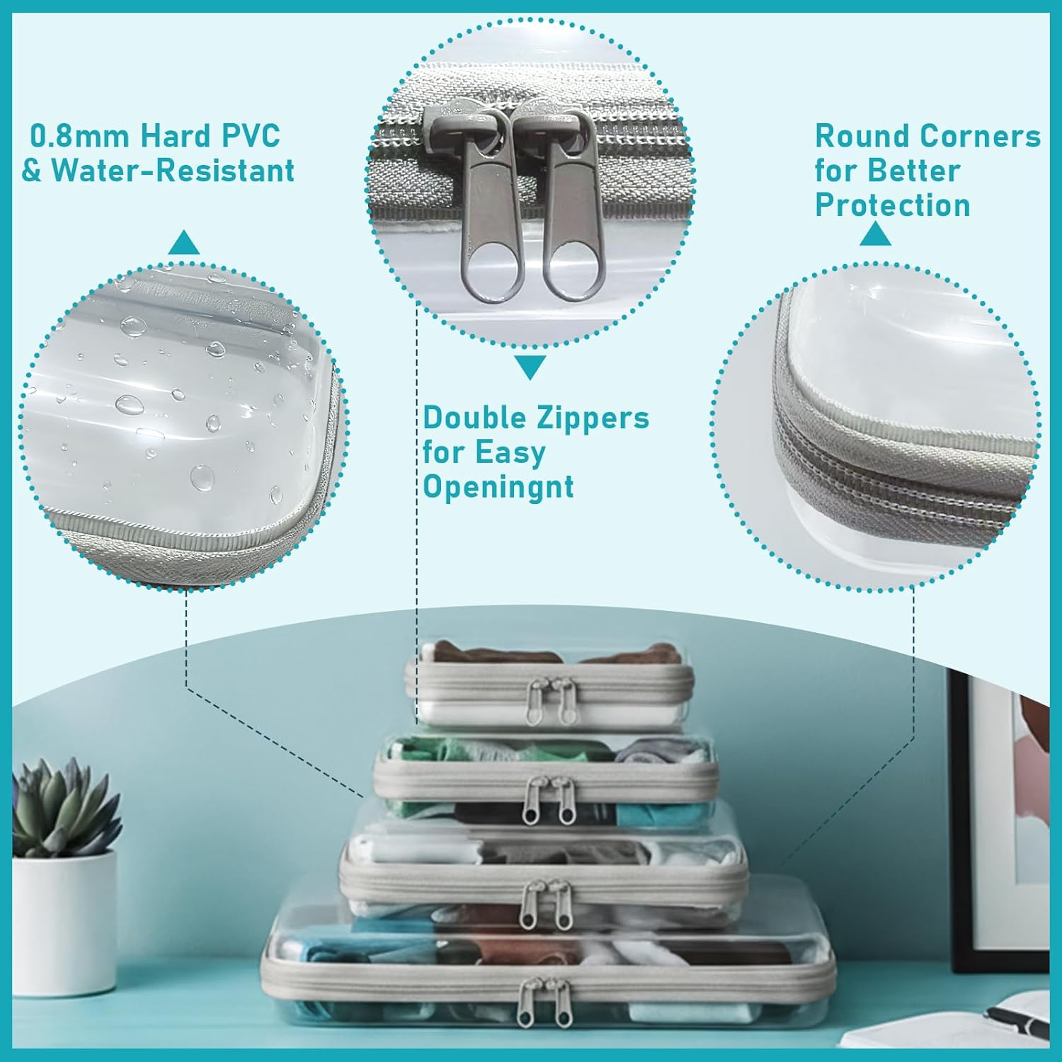 4 Pcs Clear Hard Zipper Case, Hard Shell Plastic Clear Organizer Bag, Transparent Makeup Pouches, Portable Box for Travel Toiletries, Toy Storage Bins (Grey)