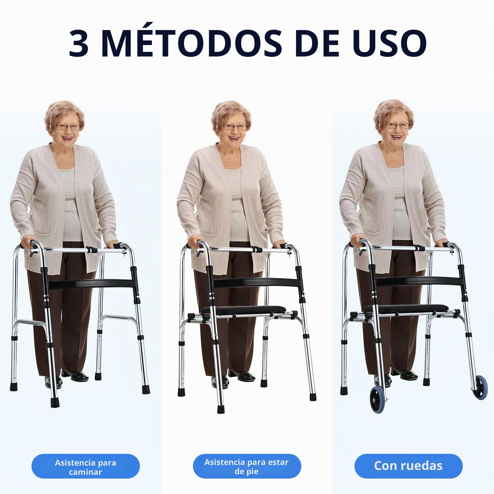 Andador plegable con ruedas, marco de pasamanos, andador plegable ligero para ancianos, altura ajustable de 8 niveles para personas mayores, rueda delantera, hasta 390 libras