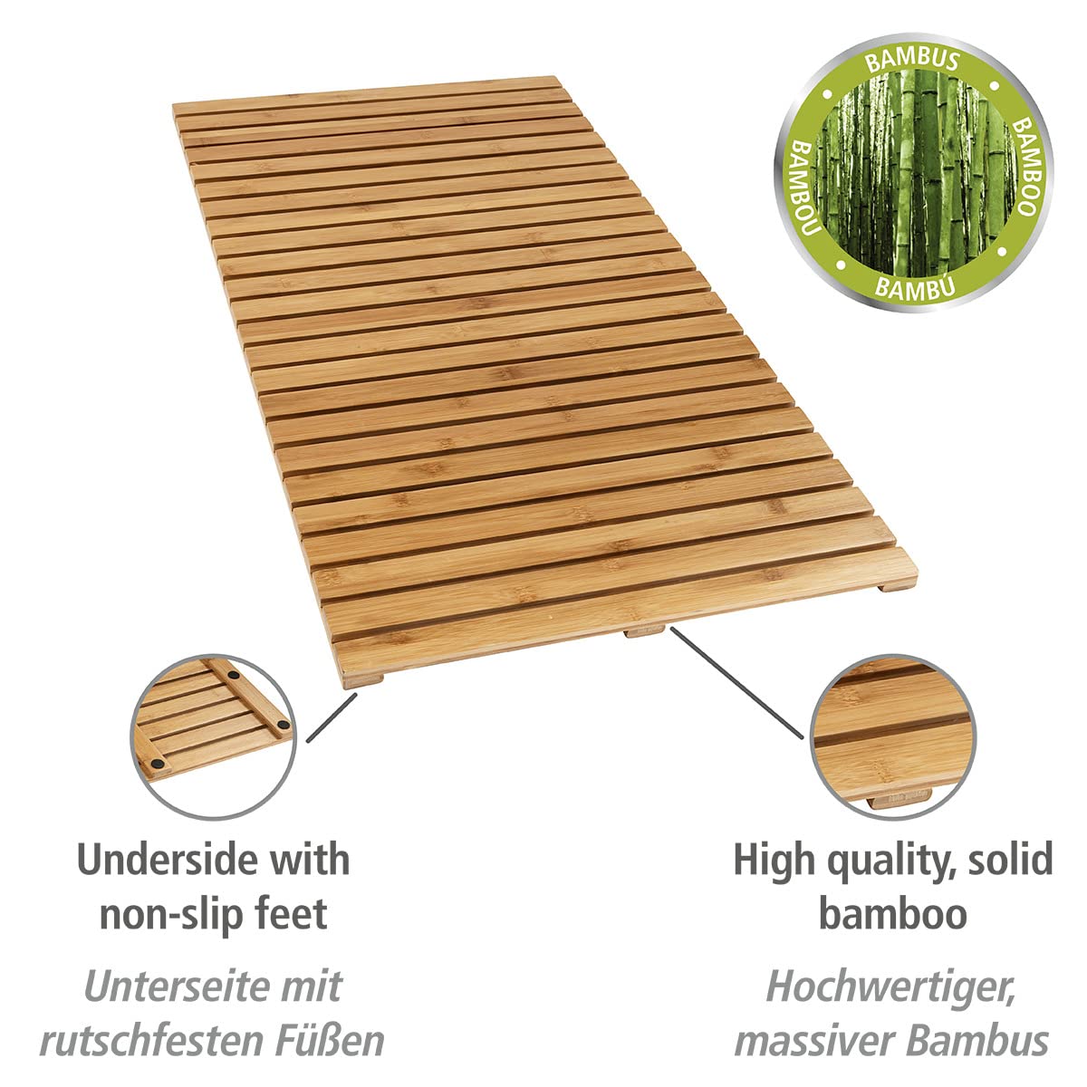 Wenko Pedana Indoor & Outdoor Bambù, tappetino antiscivolo per ambienti interni ed esterni in bambù ecologico, moderna pedana per la doccia, la vasca da bagno e la zona piscina, 100 x 50 cm