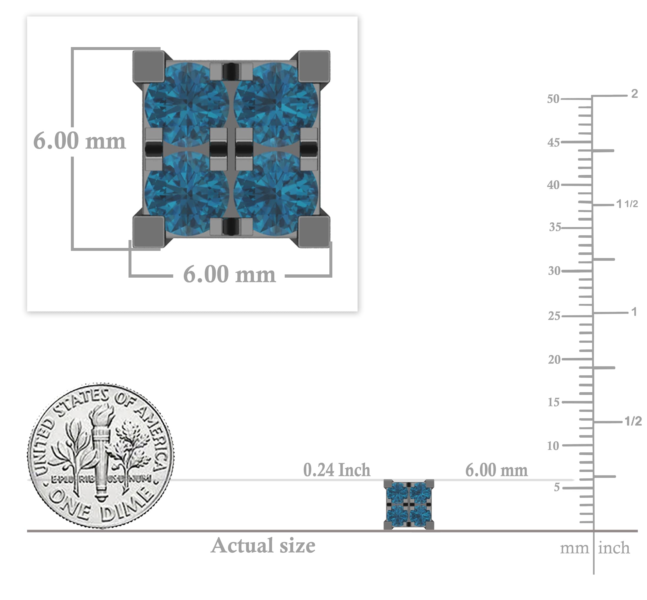 Dazzlingrock Collection 0.55 Ctw Natural Round Blue Diamond 6mm Square Hip Hop Iced Out Studs in Black Plated Sterling Silver, Unisex Design Ladies,Mens Real Diamond Earrings: Pushback