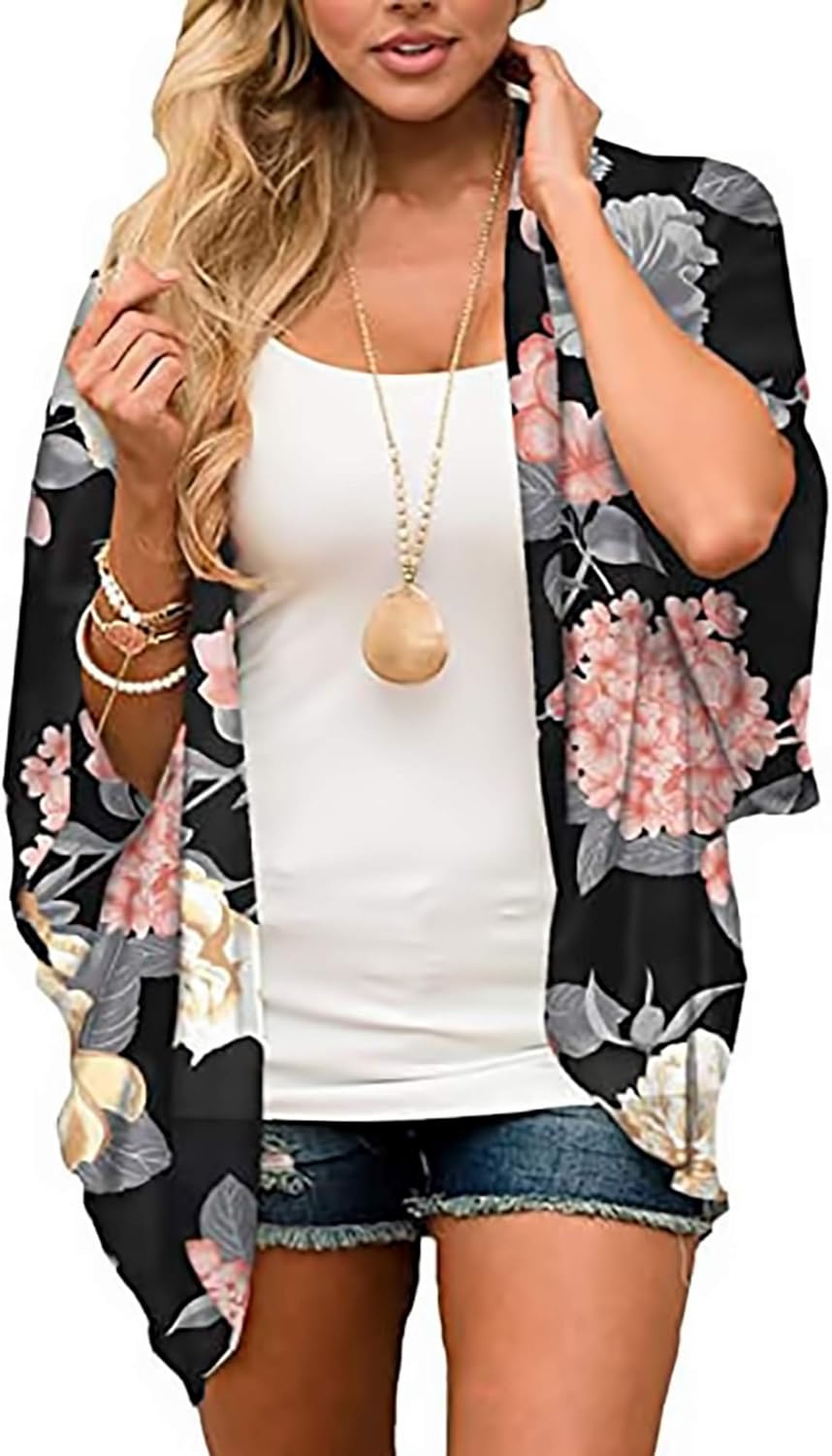 FINOCEANS Womens Floral Chiffon Kimono Cardigans Loose Beach Cover Up Half Sleeve Tops