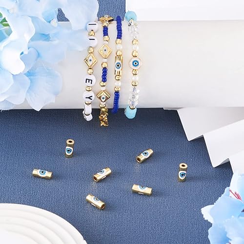 Miniatura 2 de Pandahall - 10 cuentas de tubo de latón esmaltadas con mal de ojo real chapado en oro de 18 quilates, cuentas espaciadoras sueltas de 0.433 x 0.177