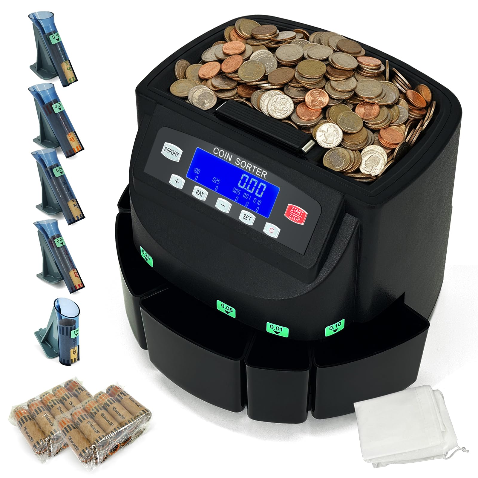 USD Coin Counter Machine with LCD Display,Coin Sorter and Wrapper Machine,Sorts 1￠5￠10￠25￠$1 up to 300 Coins/min,2000-coin Capacity,Business Grade,5 Bins&amp;5 Tubes,Automatic Wrapper (Black)