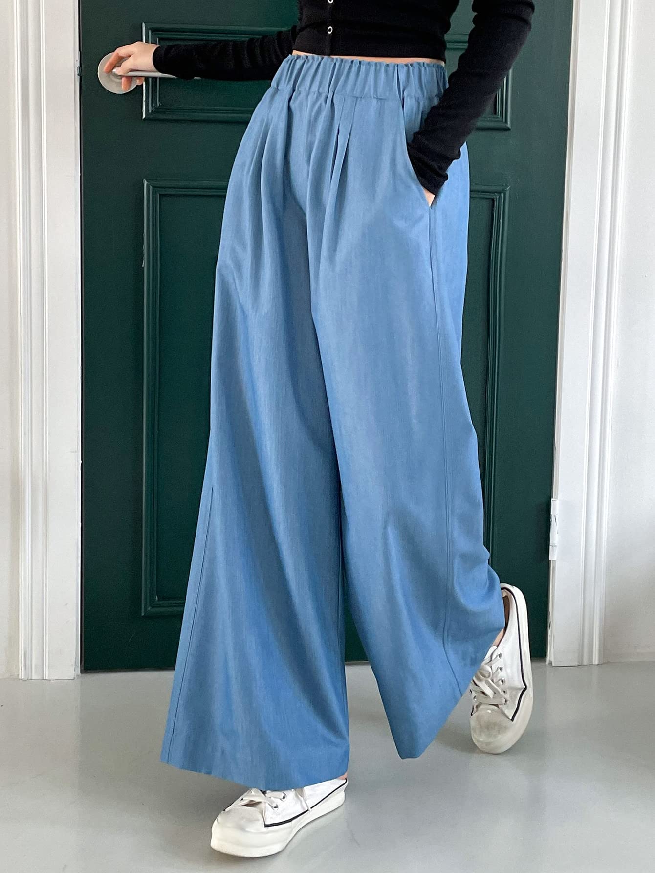 REDESYN Pants for Women Womens Pant Elastic Waist Wide Leg Pants Pants Color Blue Size Small