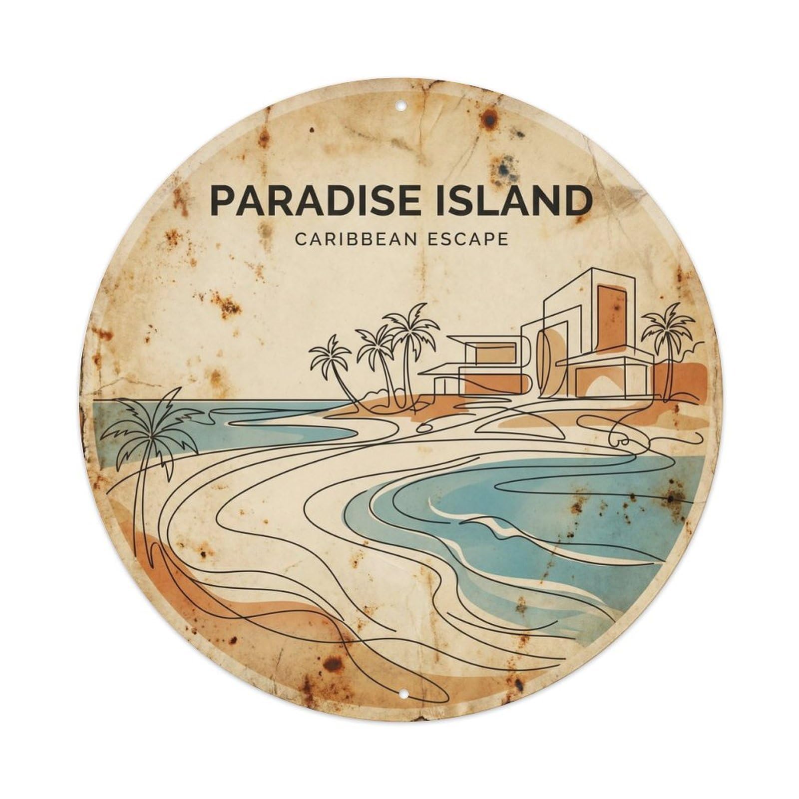 Paradise Island Tropical Coast Line Drawing Metal Tin Sign