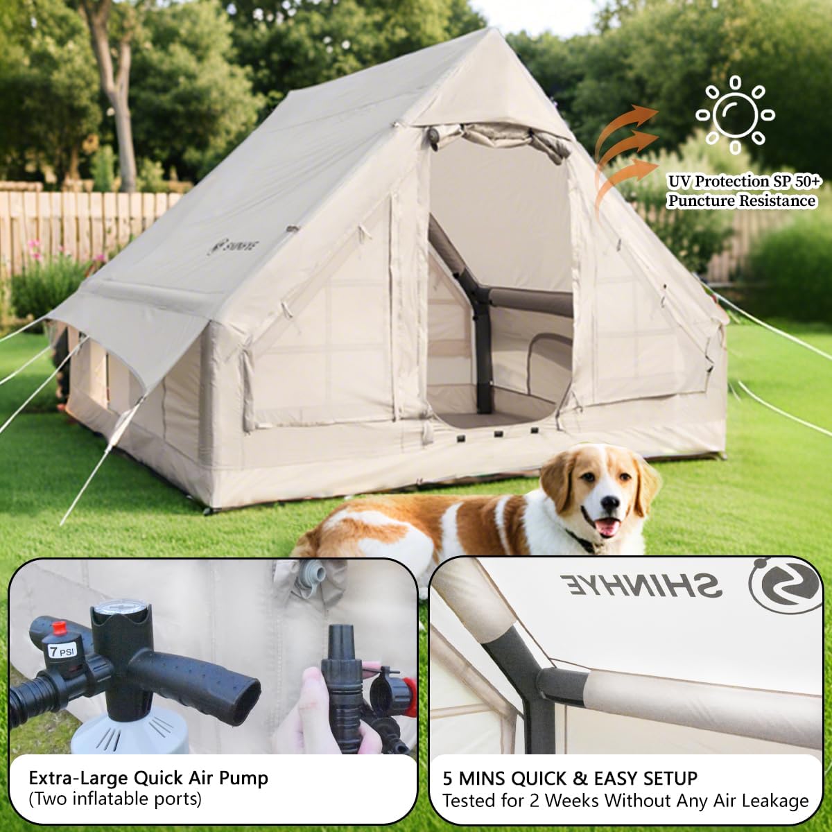 Inflatable Tent for Camping with Hand Pump Blow Up Tent Glamping 4 Season Air Tents, Easy Setup Waterproof Outdoor Oxford Army Green 4-6 Person House Breathable Large Luxury Tents