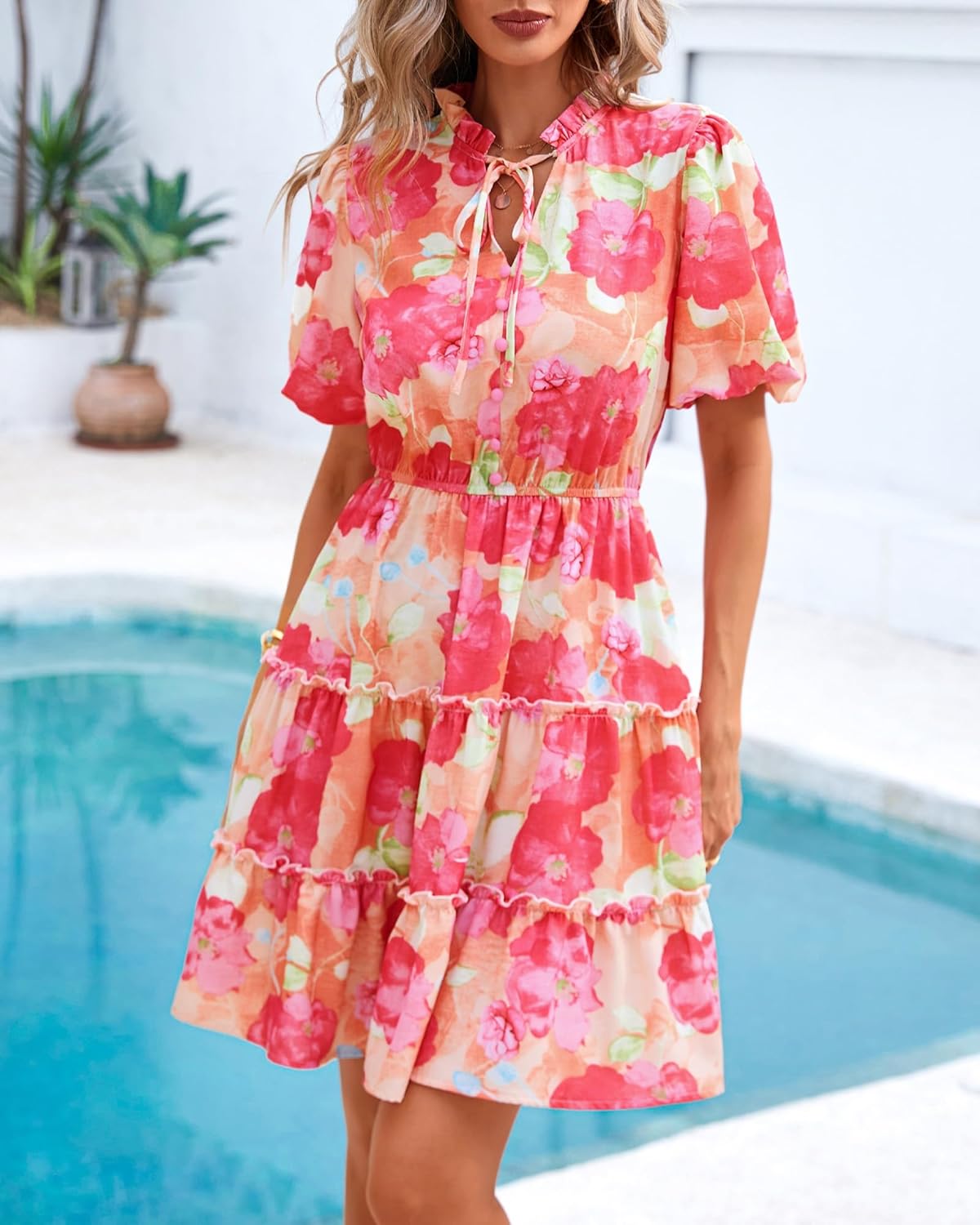 BTFBM Women Summer Floral Short Dresses V Neck Short Sleeve Tiered Ruffle Boho Swing Dress A-Line Mini Dresses - Image 2