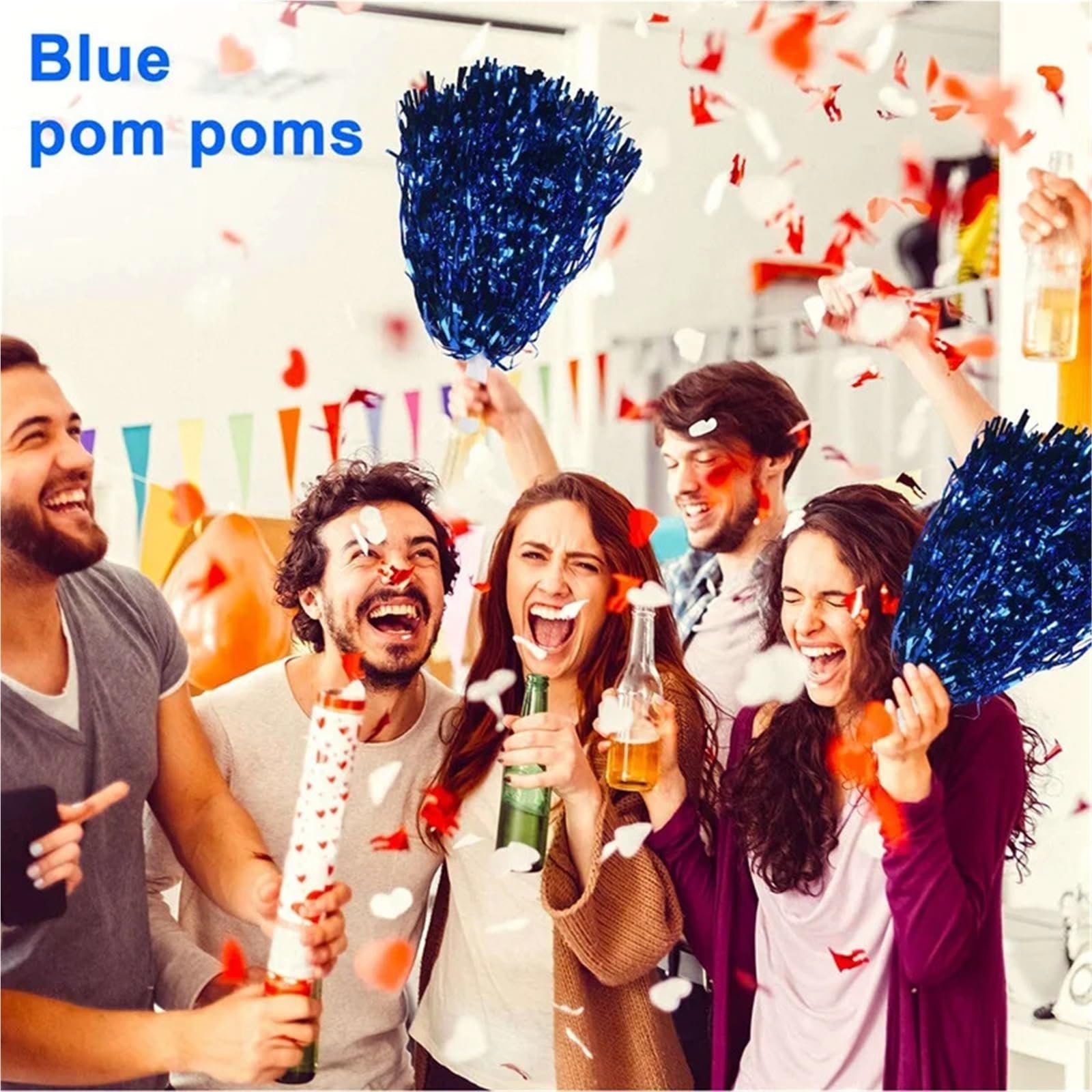 Lot de 120 pompons de pom-pom girl en aluminium métallique avec poignée en plastique pour adultes - Bleu