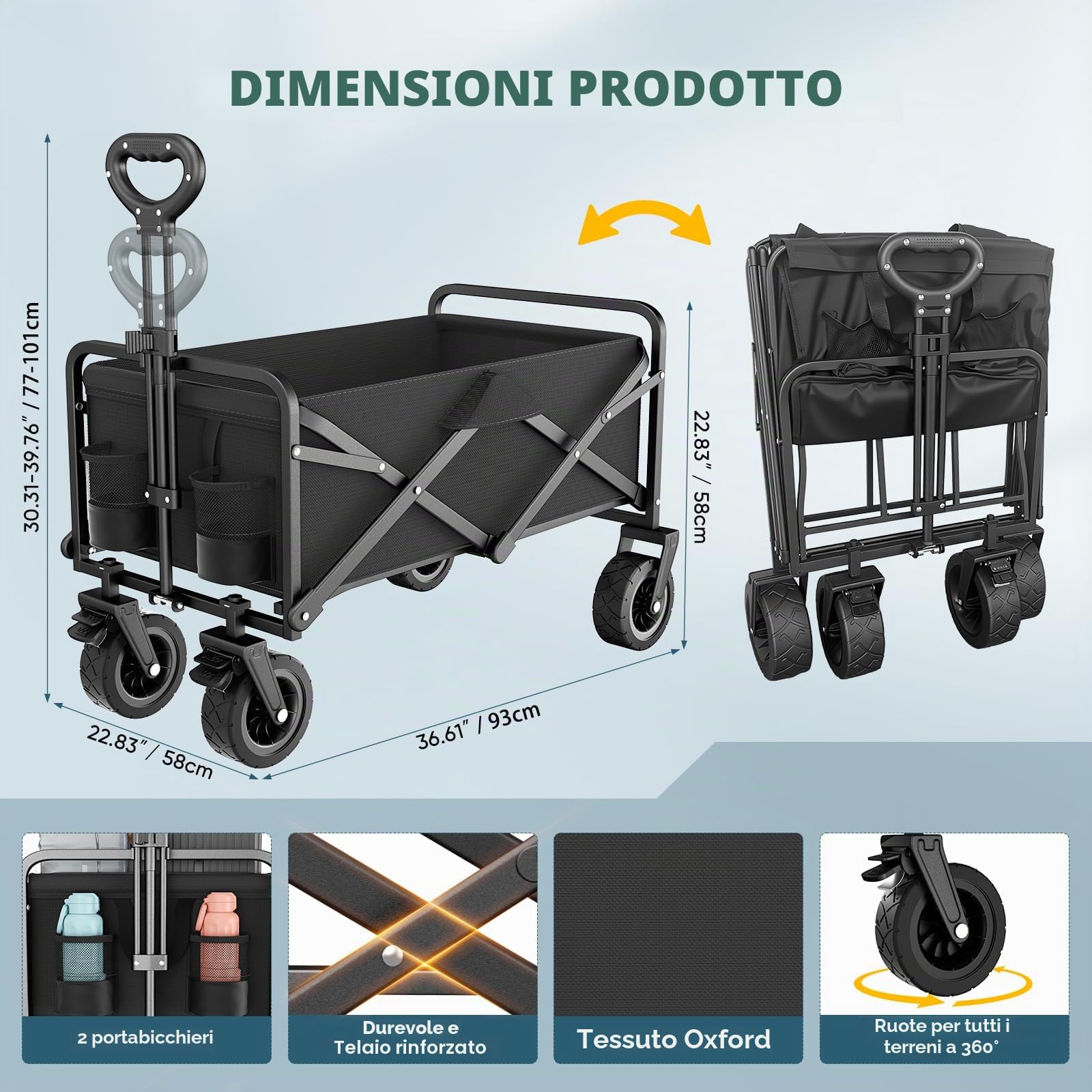 100L carrellino spiaggia, carrello spiaggia ruote grandi ad alta portata, grandi ruote fuoristrada, capacità 100KG carrello con ruote portatutto spiaggia per Giardino, Campeggio, Spese