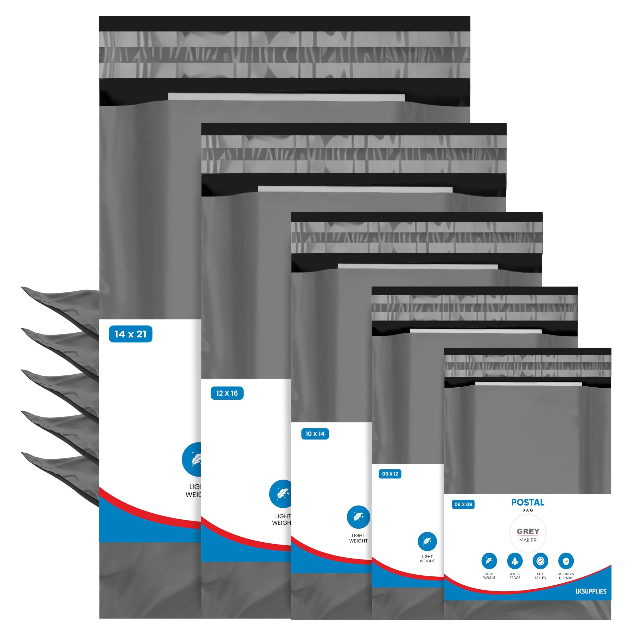 UK SUPPLIES LIMITED 125 Assorted Mix (5 Sizes, 25 Each) Grey Mailing Poly Parcel Postage Delivery Bags Waterproof & Strong Self-Seal Postage Mailers for Shipping Posting & Packaging