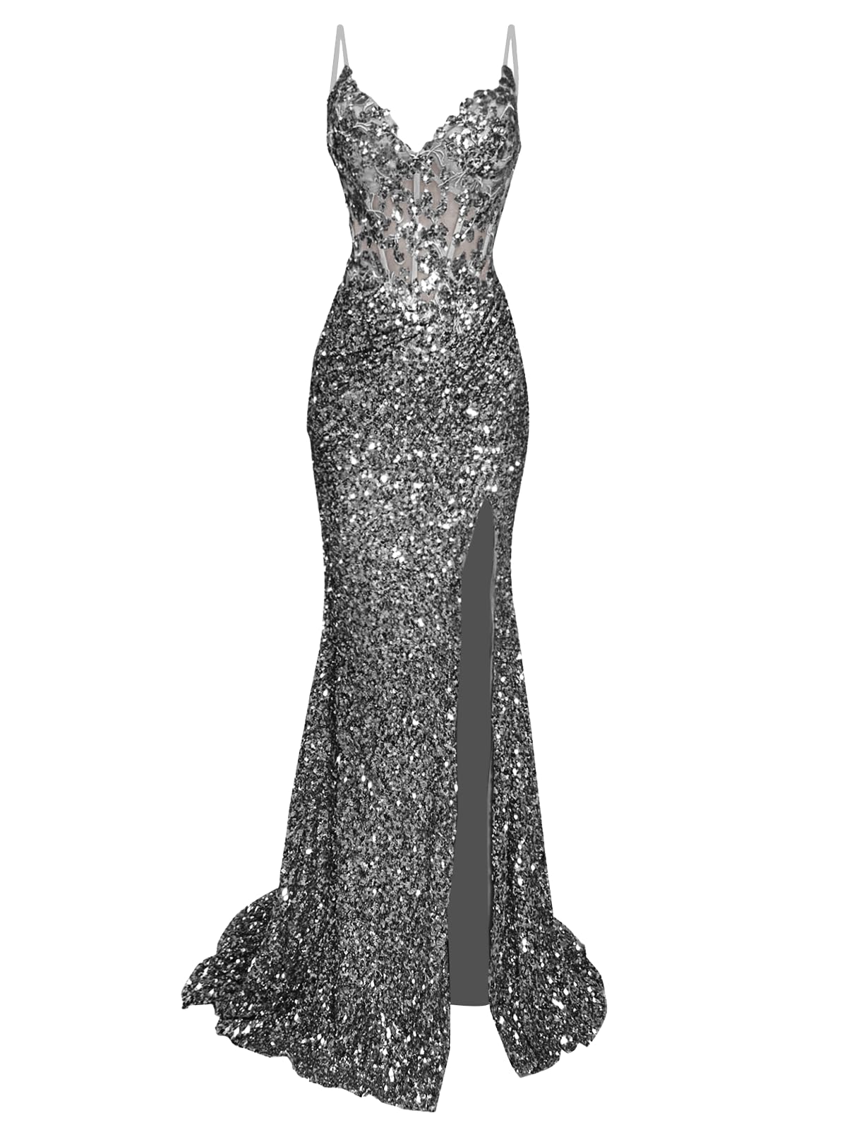 Sequin Prom Dresses Sparkly Long Spaghtti Straps V Neck Mermaid Ball Gowns for Women
