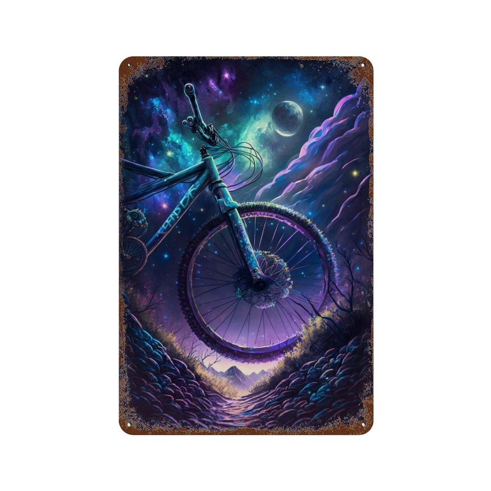 Rust Effect Galactic Bicycle Journey Aged Metal Wall Plaque 11.8"x7.9", Shabby Chic Decor for Living Room, Hallway And Home Decor