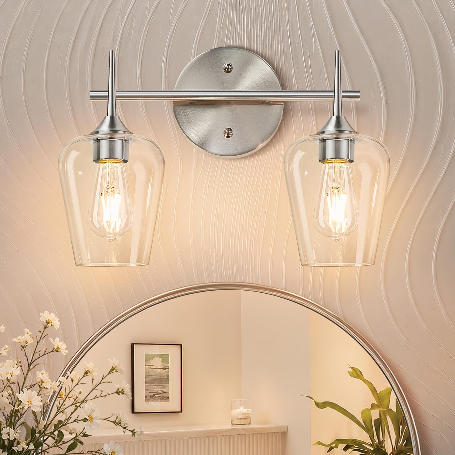 MOKATNG 2-Light Bathroom Light Fixtures, Brushed Nickel Vanity Lights for Bathroom with Clear Glass, Bathroom Lighting Fixtures Over Mirror, Modern Wall lamp for Cabinet Hallway
