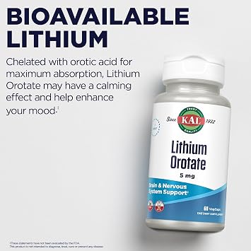 KAL Lithium Orotate 5mg | Low Serving of Chelated Lithium Orotate for Bioavailability & Mood Support | in Organic Rice Bran Extract Base | 60 VegCaps