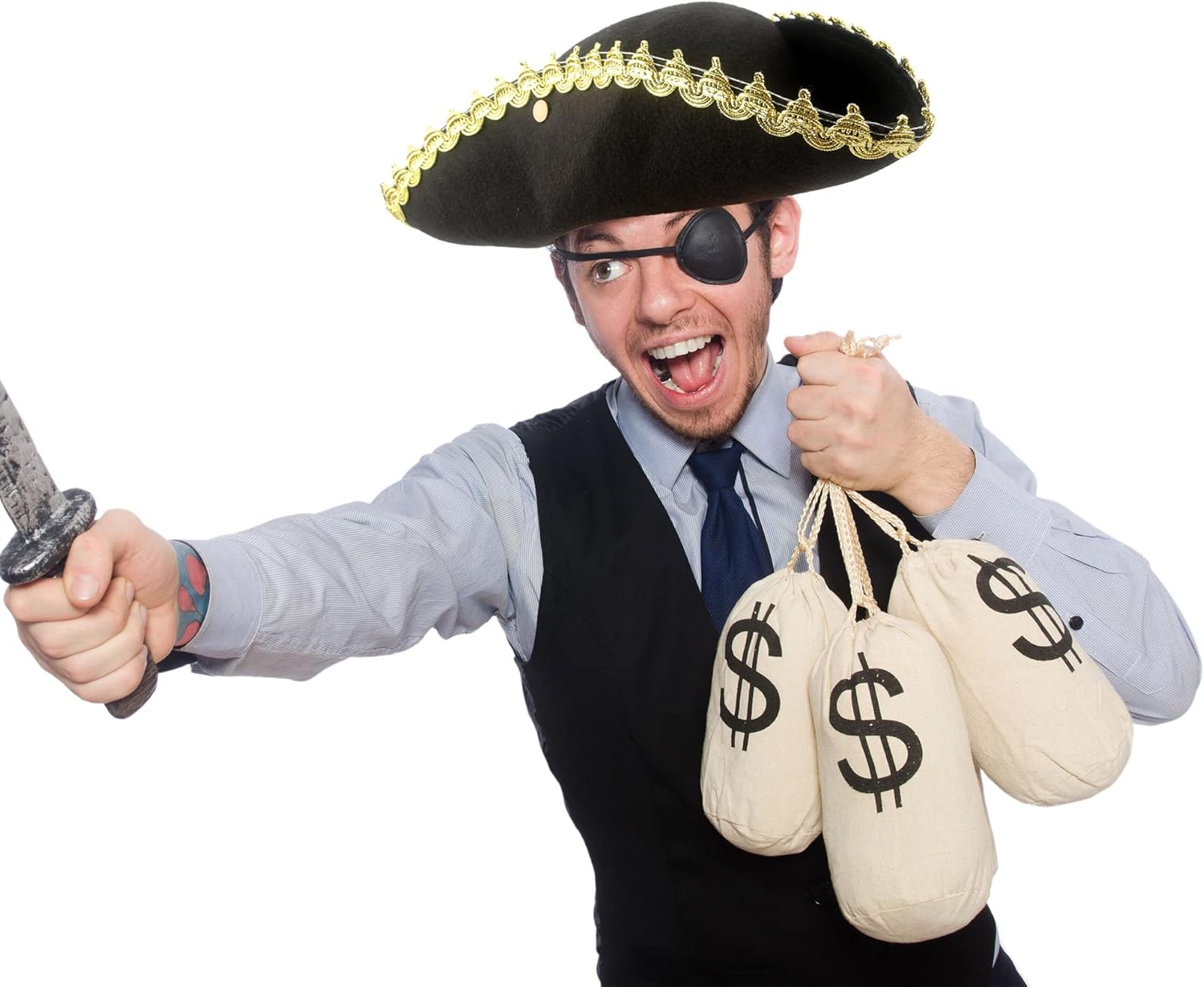 6 Pack Pirate Tricorn Hats Black Buccaneer Hat with Gold Trimming Pirate Captain Hat for Halloween Dress-up Party Supplies - Image 3