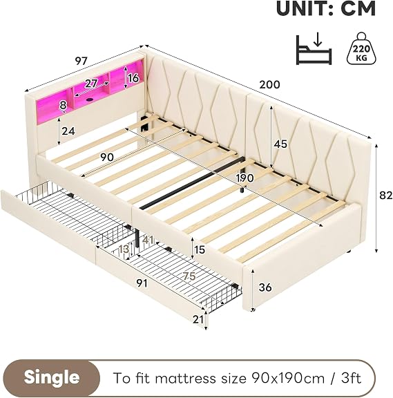 Daybed with 2 Storage Drawers & LED Lighting & Charging Station, 3ft Single Functional Upholstered Bed Frame with Slats, Linen Sofa Bed Guest Bed for Living Room/Bedroom/Study Room, No Mattress, Beige