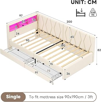 Daybed with 2 Storage Drawers & LED Lighting & Charging Station, 3ft Single Functional Upholstered Bed Frame with Slats, Linen Sofa Bed Guest Bed for Living Room/Bedroom/Study Room, No Mattress, Beige