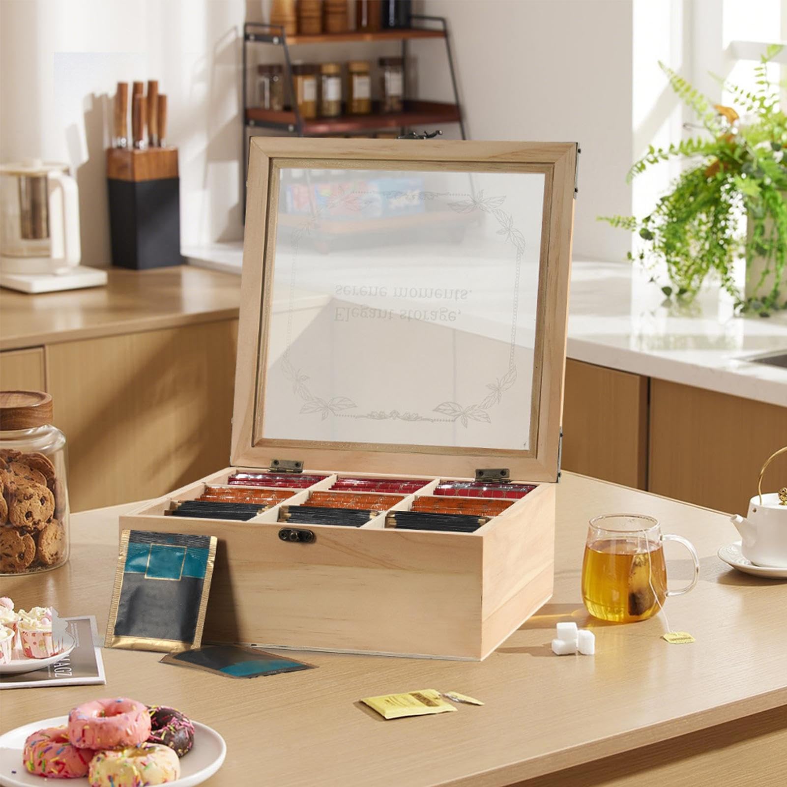 De Té De Madera Organizador De Bolsitas De Té Con 9 Compartimentos | Contenedor Decorativo Para Infusiones - Regalo Para Amigos, Pareja Y Compañeros De Trabajo
