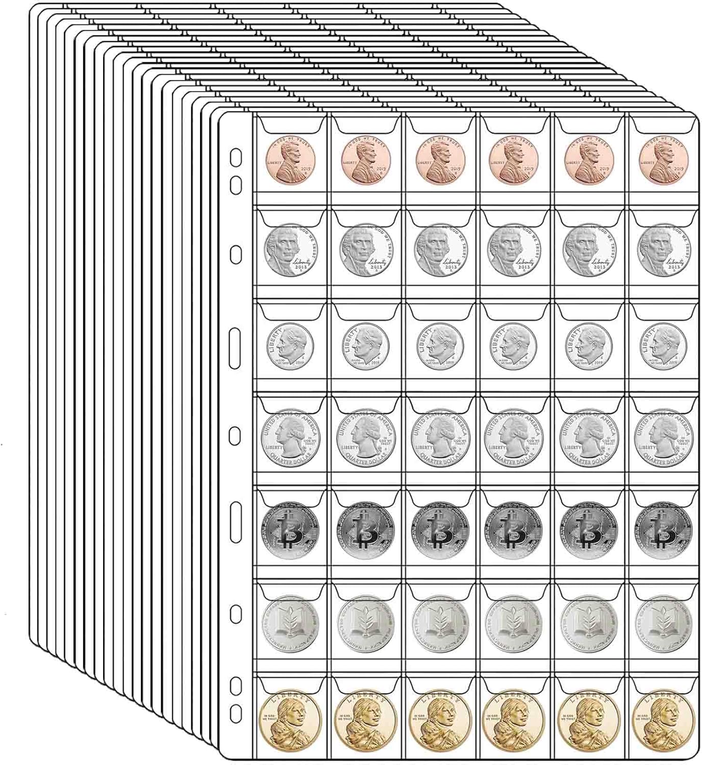 882 Pockets Coin Collection Pages, 21 Sheets Coin Collection Supplies Pages with Standard 9 Hole Coin Binder Sleeves for Penny, Nickel, Dime, Quarter Dollar Collection (42 Pocket)