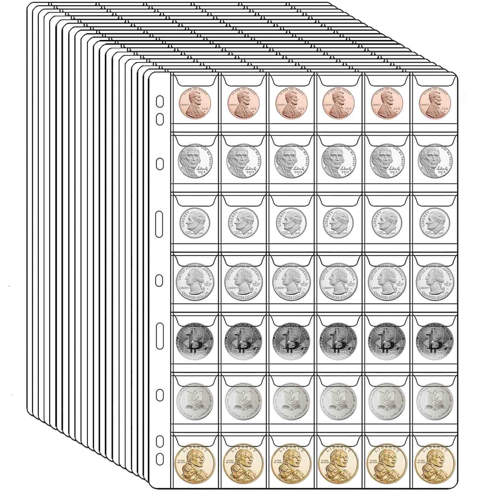 882 Pockets Coin Collection Pages, 21 Sheets Coin Collection Supplies Pages with Standard 9 Hole Coin Binder Sleeves for Penny, Nickel, Dime, Quarter Dollar Collection (42 Pocket)