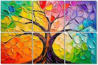 6 Pack Art Acoustic Panels Sound Absorbing Tree Art Colorful Rainbow Thick Strokes Leaves Curved Branches Canopy Decorative Soundproof Wall Panels Self Adhesive for Recording Studios Office 72"x48"