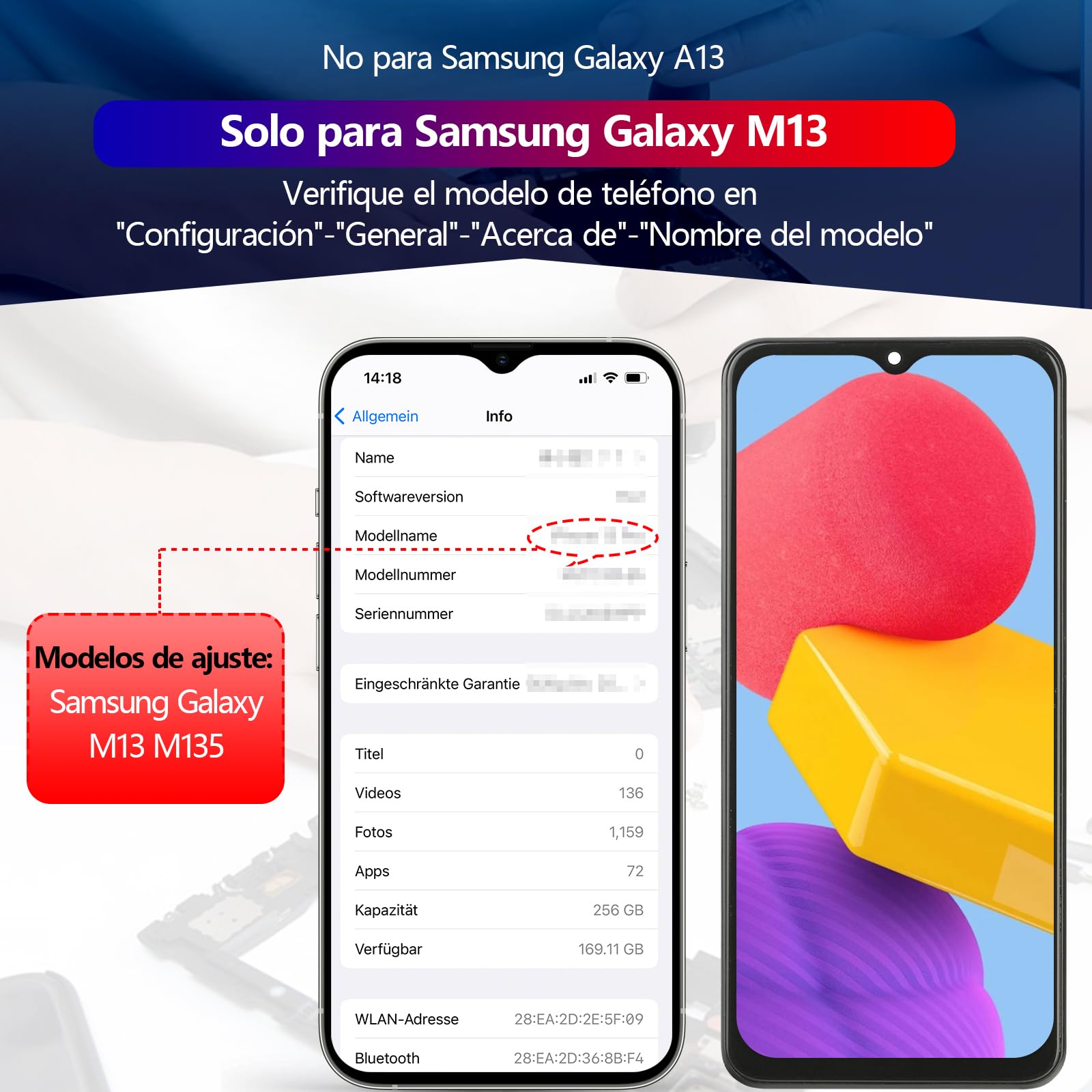 RongZy Pantalla para Samsung Galaxy M13 M135F Pantalla Táctil LCD Kit de Pantalla de Repuesto Ensamblaje Digitalizador de Reemplazo con Herramientas(Neqro con Marco)