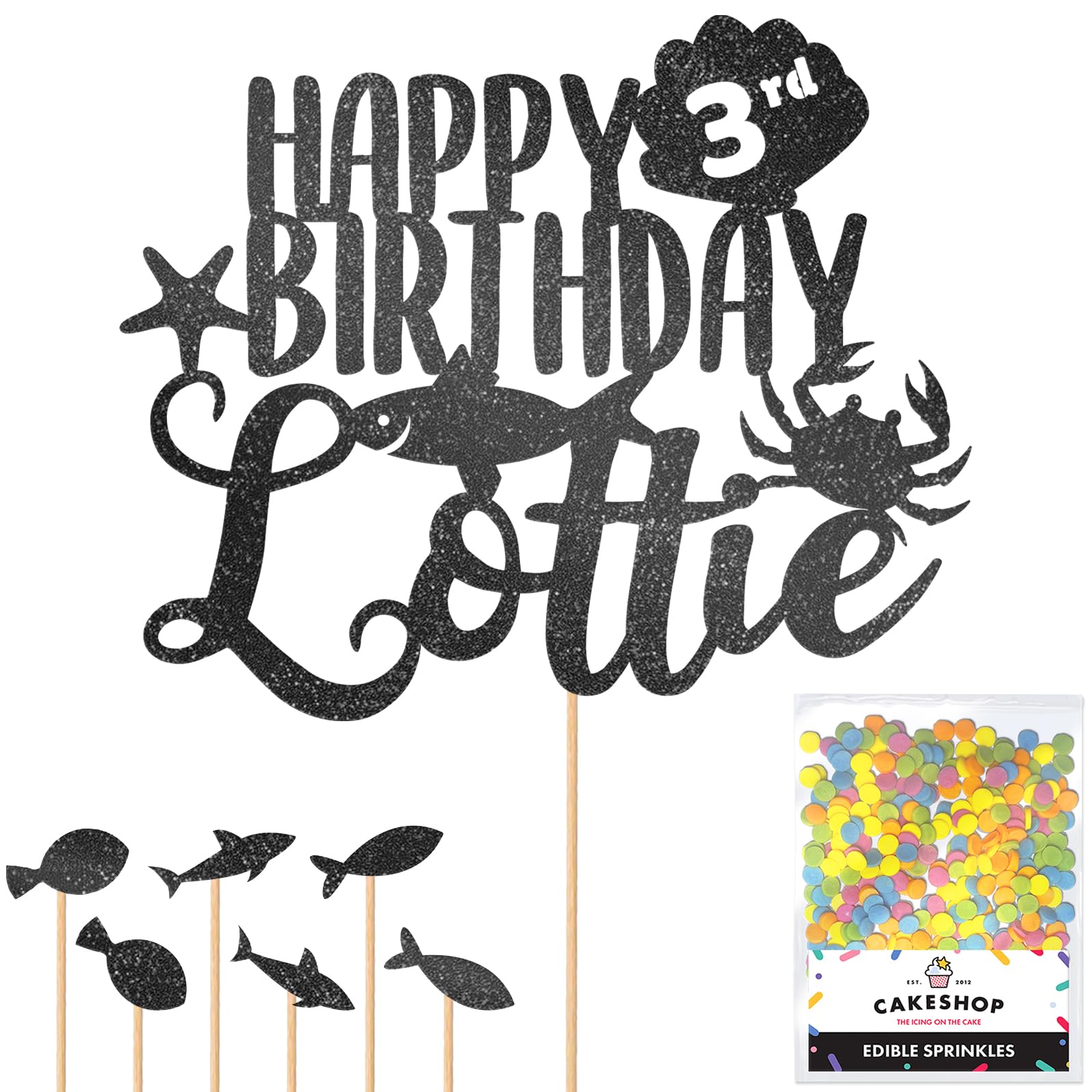 Personalised Birthday Under The Sea Glitter Cake Topper- Black Any Custom Age & Name Glitter Cake Decoration and Sprinkles - Happy Birthday Decorations - Personalised Toppers for Cakes by Cakeshop — image 1
