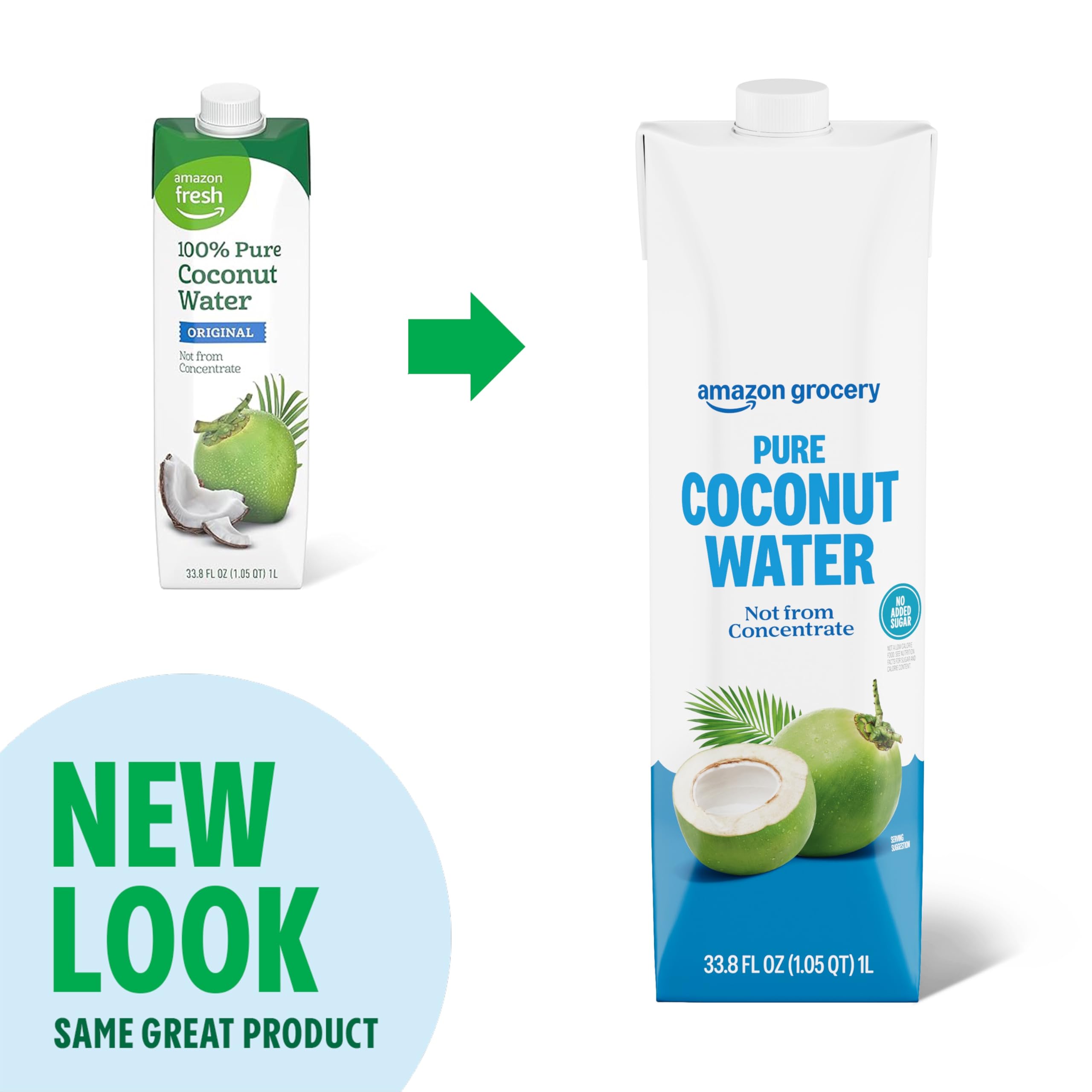 Amazon Fresh, 100% Pure Coconut Water Original, Not from Concentrate, 33.8 Fl Oz