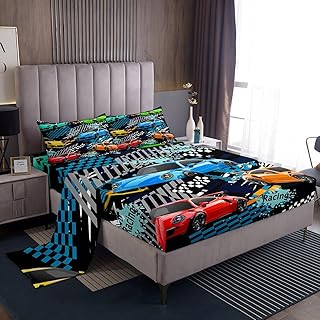 Manfei Kids Racing Car Sheet Set Twin Size, Coloful Sports Car Bedding Set for Boys Teen Room Decor, Extreme Sports Theme Bed Sheet Set 3pcs with Deep Pocket Fitted Sheet + Flat Sheet + 1 Pillowcase