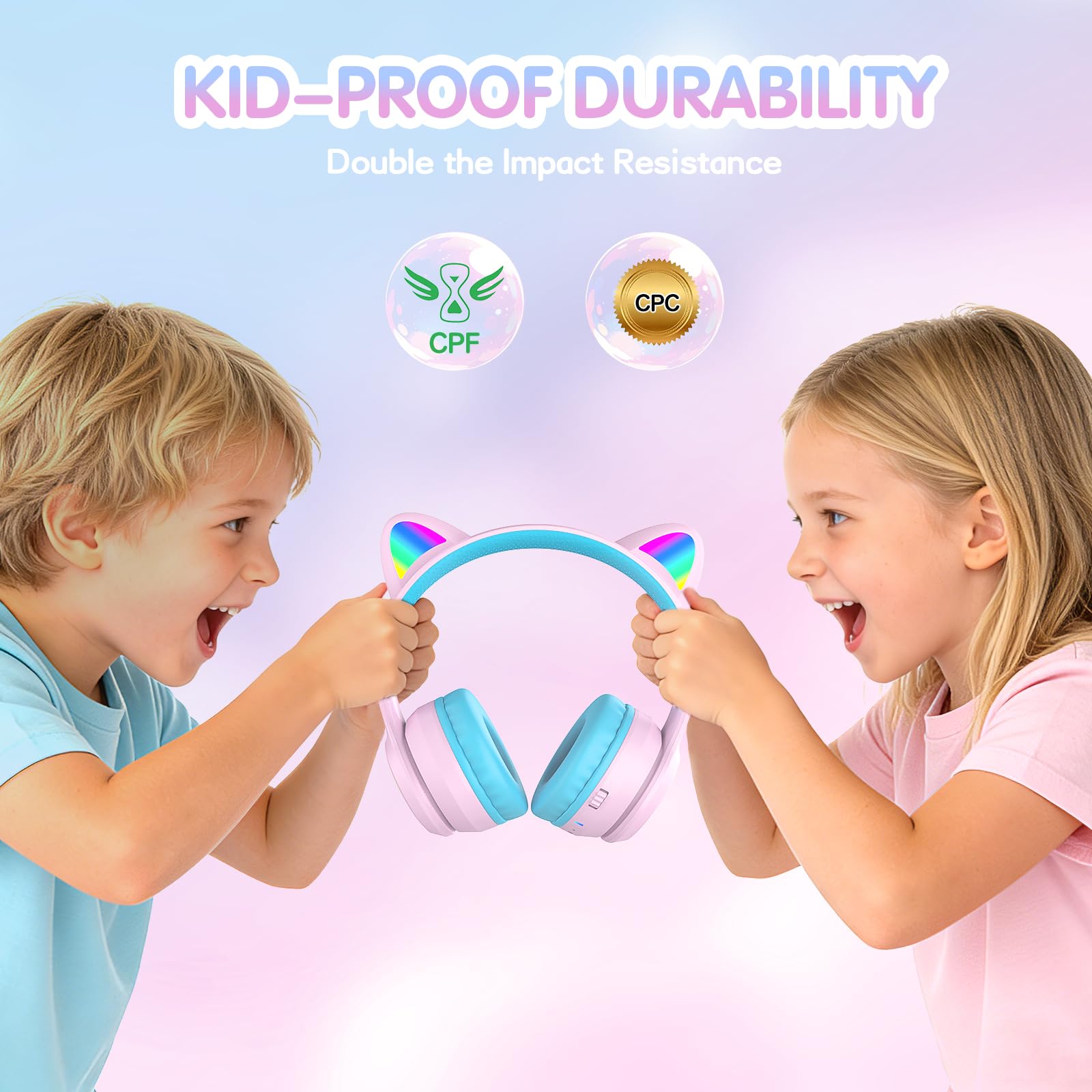 IFECCO Cuffie Bluetooth per bambini senza fili con custodia – Cuffie over-ear con luci LED, orecchie da gatto, limitazione del volume a 85 dBA, microfono integrato, compatibili con iPad/tablet/scuola
