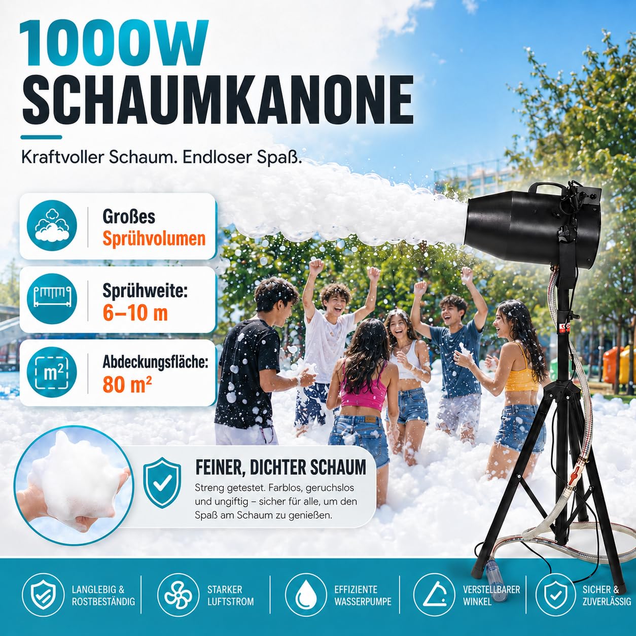 Schaummaschine 1000 W für Partys, Tragbare Schaumkanone mit Stativ, Leistungsstarker Schaumerzeuger mit Wasserpumpe und Schlauch, für Garten, Pool, Outdoor-Events, Sommerfeste