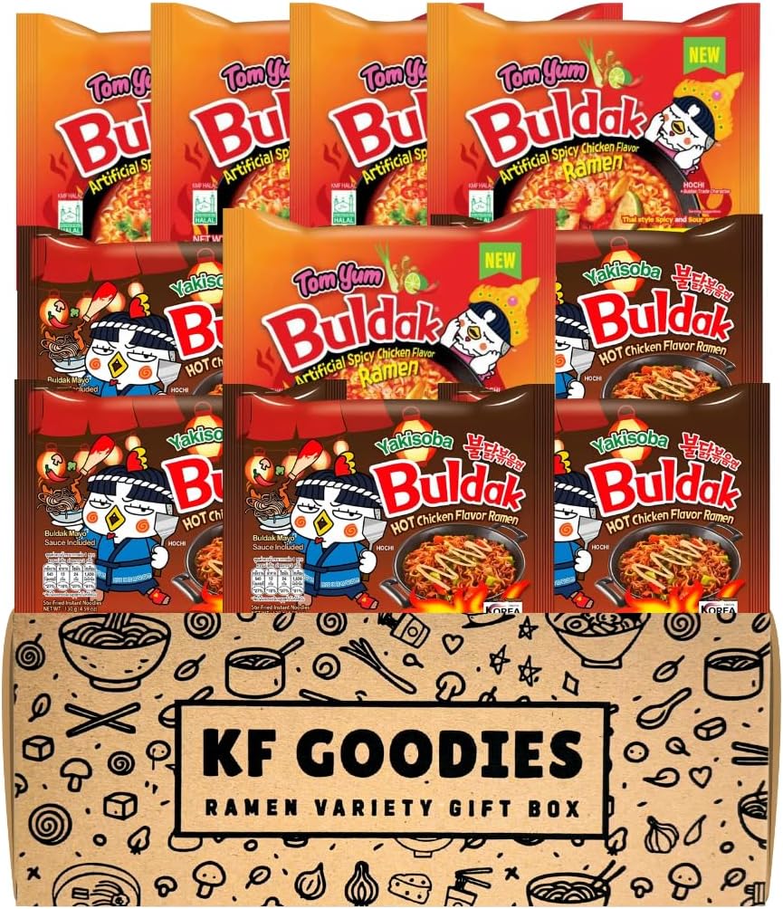 Korean Ramen Variety Pack Gift Box (10 Count) – Spicy Buldak Noodle Assortment for Birthdays, College Care Packages, Office Snacks, and Gift Baskets