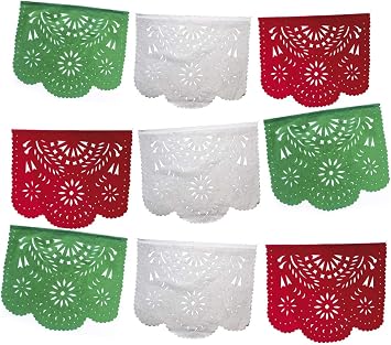 Mexican Papel Picado Banner.Tri Color.Green White and Red Vibrant Colors Tissue Paper. Large Size Panels. Multicolored Flowers Design