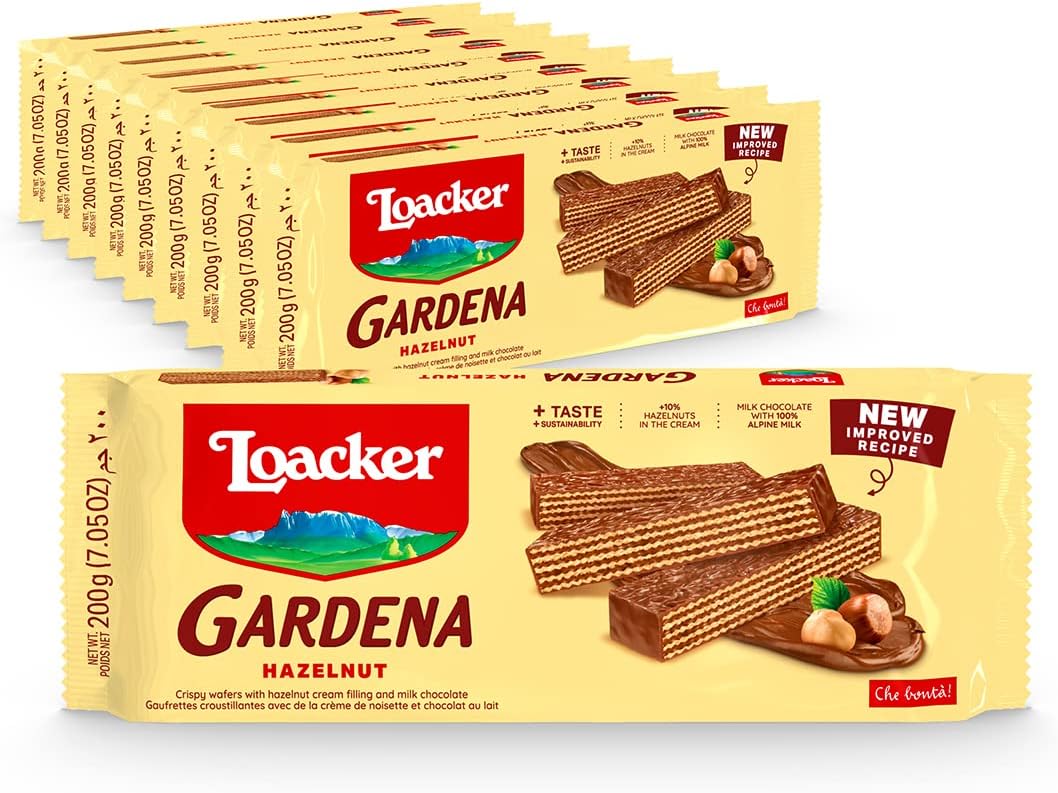 Gardena Hazelnut - Premium Milk Chocolate Covered Crispy Wafer with Hazelnut Cream Filling - Pack of 10 family-size bars