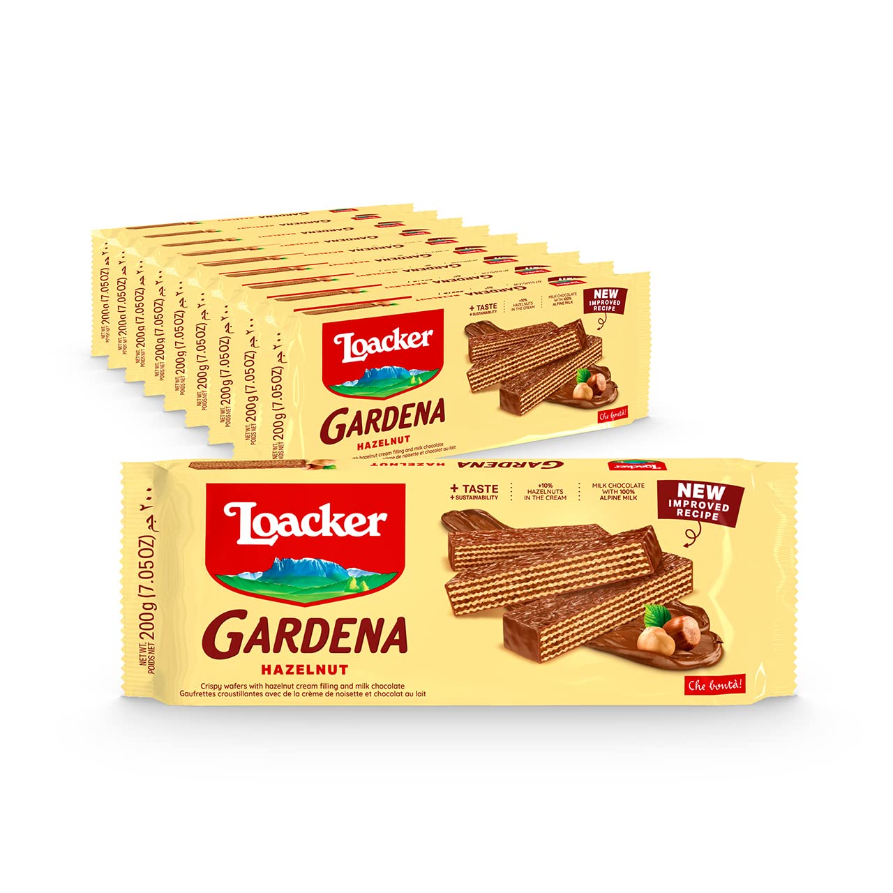 Loacker Gardena Hazelnut - Premium Milk Chocolate Covered Crispy Wafer with Hazelnut Cream Filling - Pack of 10 family-size bars