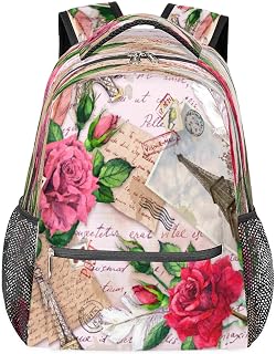 Mochilas de viagem para laptop para mulheres homens rosa flor torre Eiffel resistente à água mochilas escolares leves para adolescentes meninas/meninos, mochila casual para viajar, acampar, caminhar, Multi, Medium