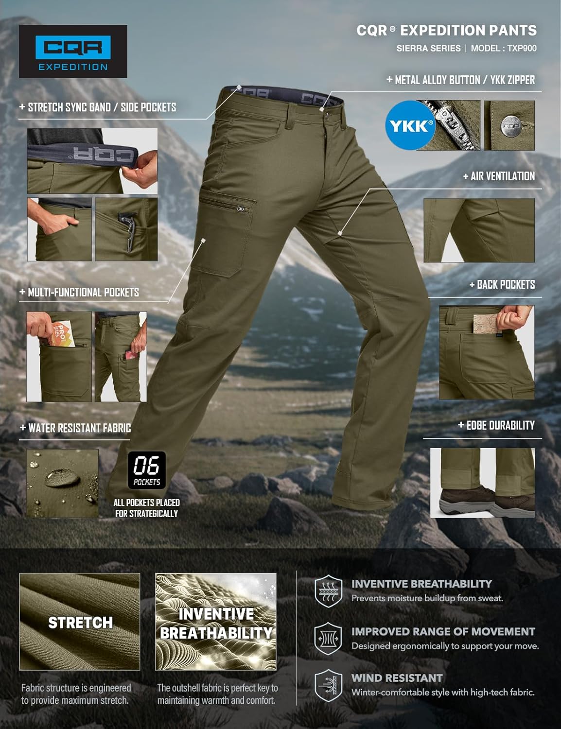 CQR Men's Active Flex Tactical Pants, Water Resistant Lightweight Stretch Cargo Work Hiking Pants - Image 9