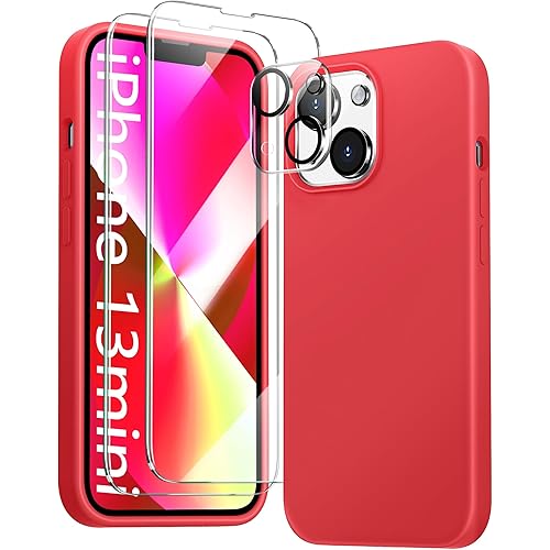 [5 in 1 for iPhone 13 Mini Case 5.4 inch, with 2 Pack Screen Protector + 2 Pack Camera Lens Protector, Liquid Silicone Slim Shockproof Protective Phone Case (Red)………