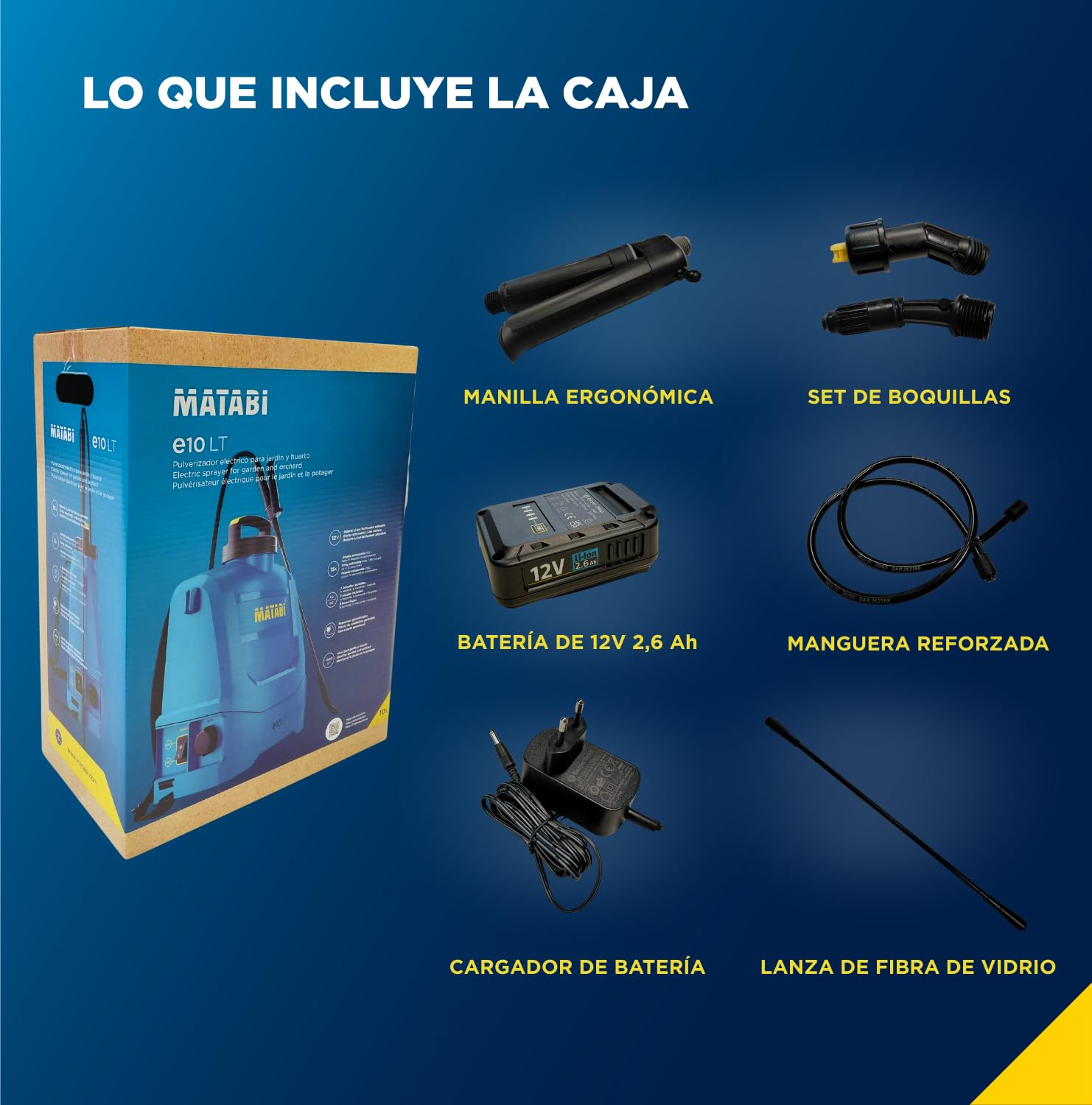 Pulverizador Eléctrico Matabi e10 LT - Batería Extraíble Li-Ion - Hasta 150L de Autonomía - Diseño Compacto y Ligero - Correas Acolchadas - Depósito Ergonómico - Boquillas Incluidas - Hecho en España