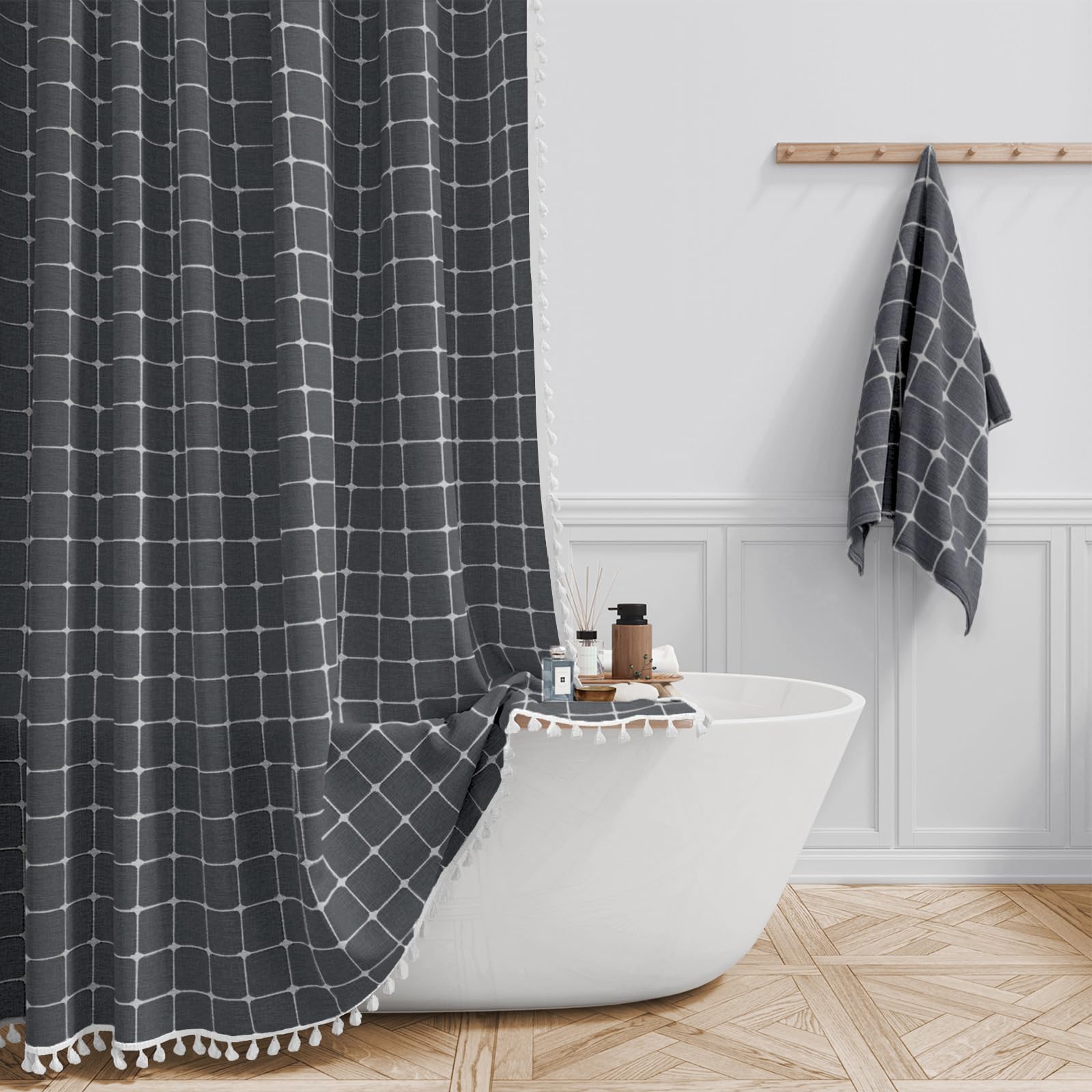 BTTN Boho Shower Stall Curtain - 36x72 Narrow Linen Ultra Thick Tassel Fabric Shower Curtain Set with 6 Plastic Hook, Half Camper RV Modern Farmhouse