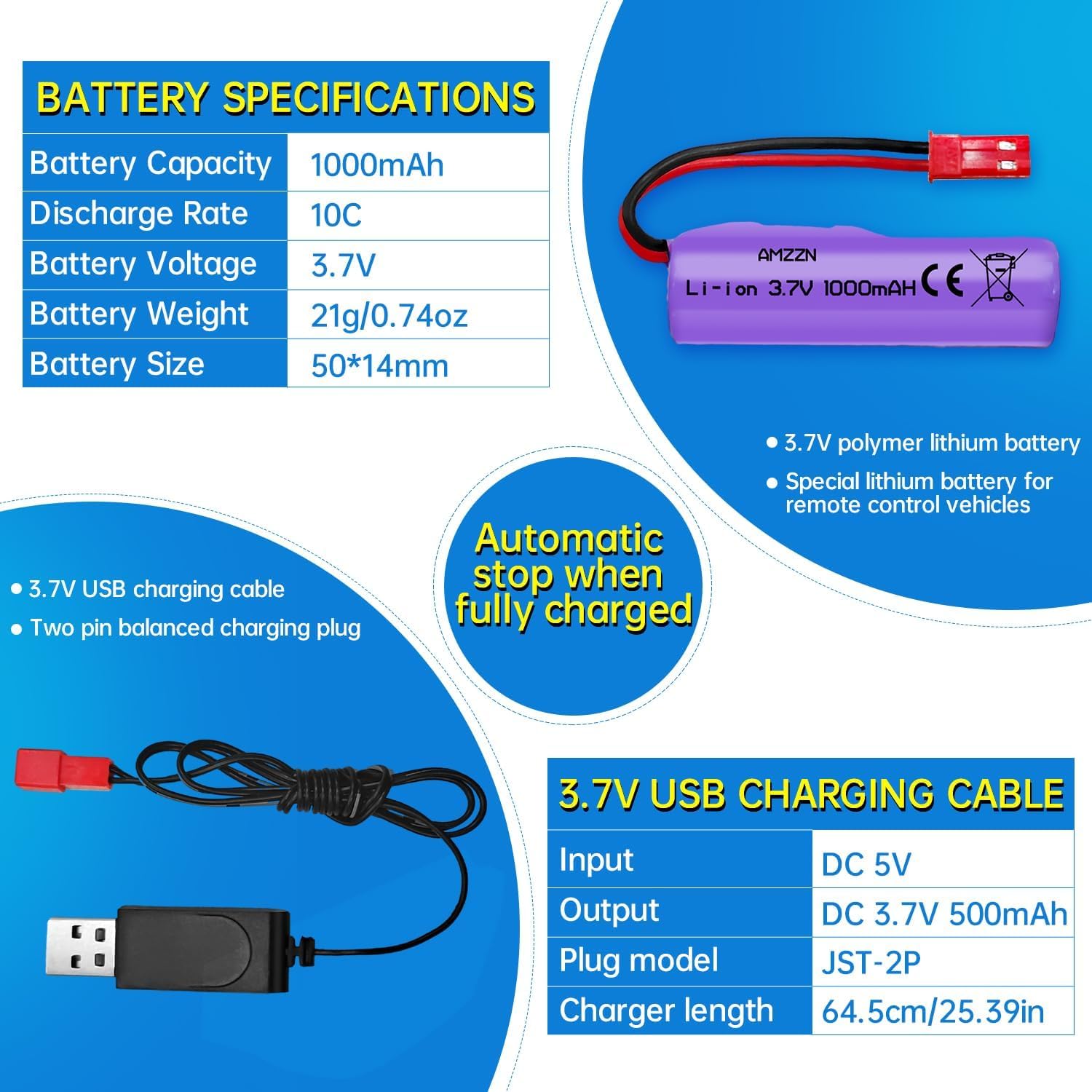 YUNIQUE GREEN-CLEAN-POWER 2 baterie litowo-jonowe 3,7 V 1000 mAh ze złączem JST-2P + ładowarka USB - kompatybilne z Huina 1337 1338 1516 1517 RC pojazdy budowlane
