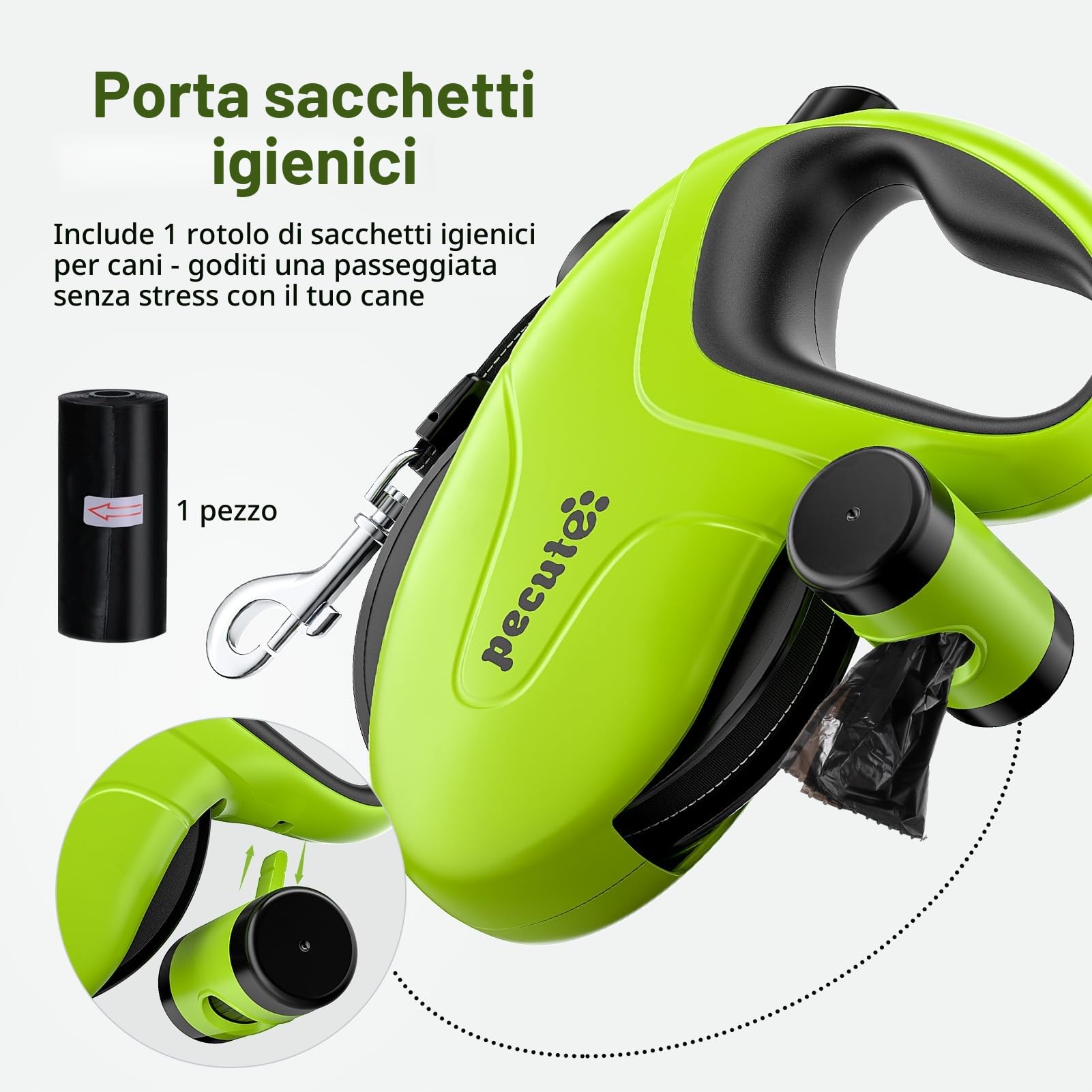 Pecute Guinzaglio Retrattile per Cani 10M (Fino a 50 Kg), Guinzaglio per Cane con Guinzaglio Esteso Senza Grovigli a 360°, Impugnatura Antiscivolo e Pulsante di Freno Rapido,Verde