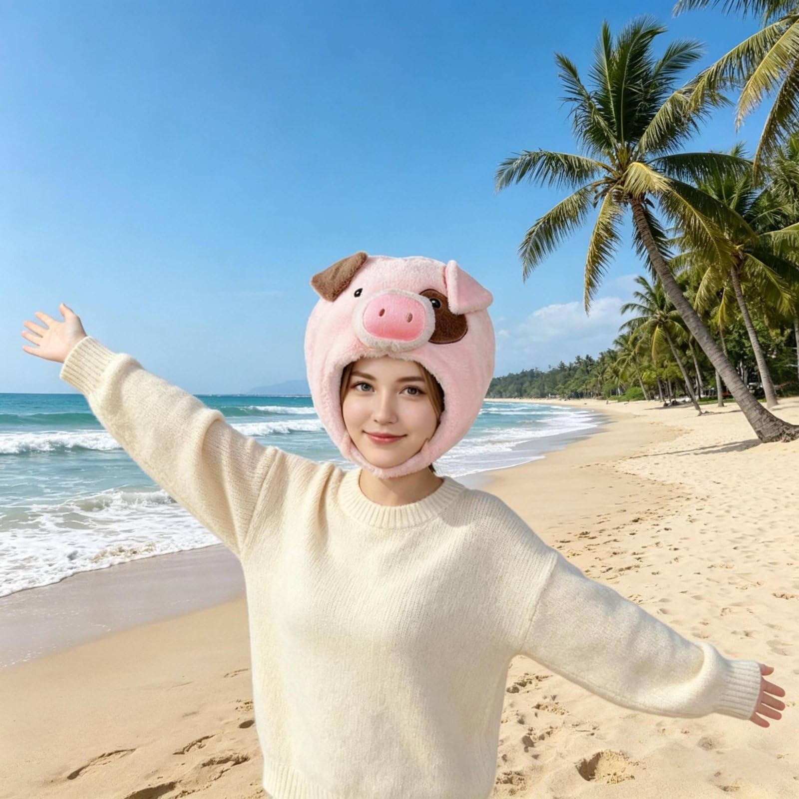 Gorro de Cerdo Rosa de Peluche Sombrero Cabeza de Cerdito de Animal Gorro Disfraz con Calce Mullido y Agradable Felpa Corta y Relleno Pp Adecuado para