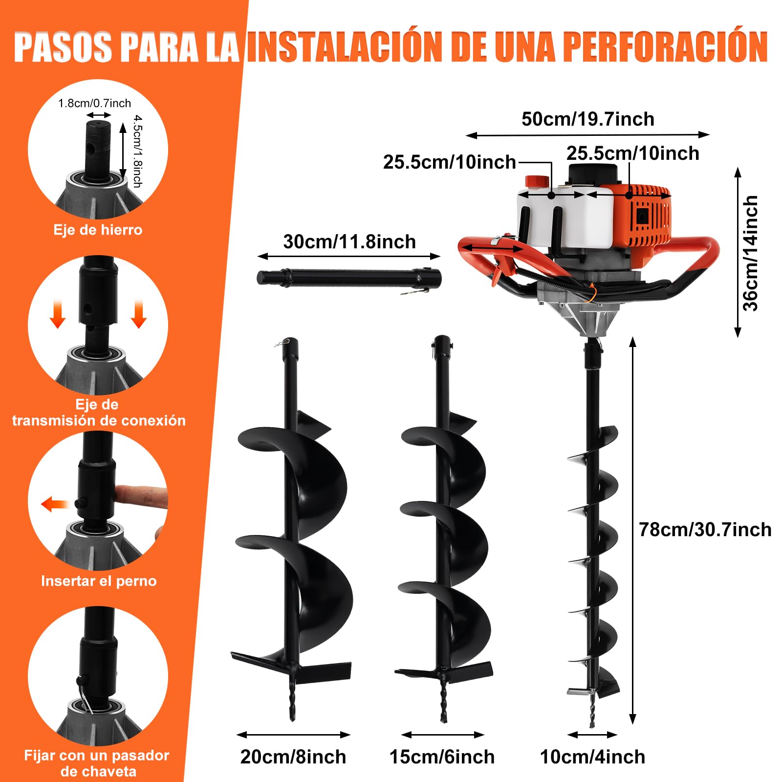 Ahoyadora Gasolina 52cc Motor Gasolina 2 Tiempos 6500-8500r/min Taladro de Jardin con 1 x Barra de extensión+3 x Taladros, Ahoyador de Gasolina para Flor Plantando árboles Arbustos