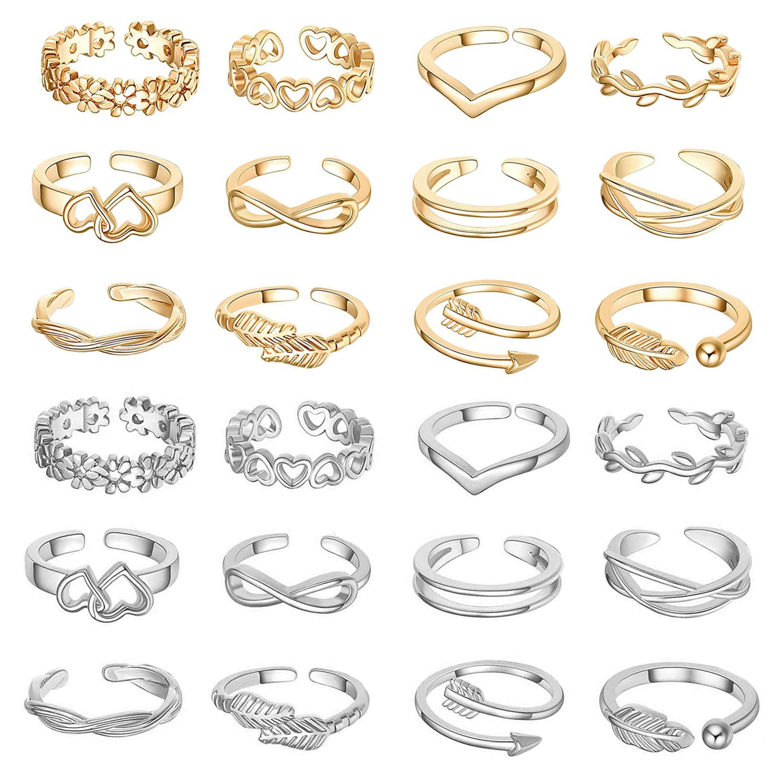 12PCS Toe Rings for Women 14K Gold/Silver Plated Adjustable Toe Ring Set Open Heart Arrow Infinity Rings Beach Foot Jewelry for Summer