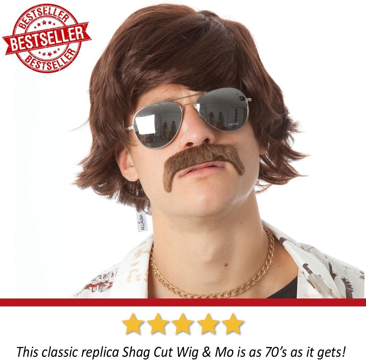 ALLAURA ñ Pedro Wig 60s 70s Sonny Bono Wig and Mustache Short Brown Ron Burgundy Wigs Mens Shag Hippie Fits Adults ñ Halloween Costumes - Image 3