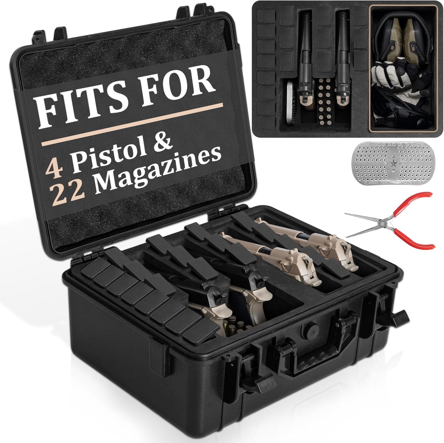 Hard Pistol Case TSA Approved Waterproof Gun Case with Pre-Cut Foam Holds Multiple Handguns Shockproof Travel Carrying Hard Shell Pistol Case Included Silica Gel Canister, Black