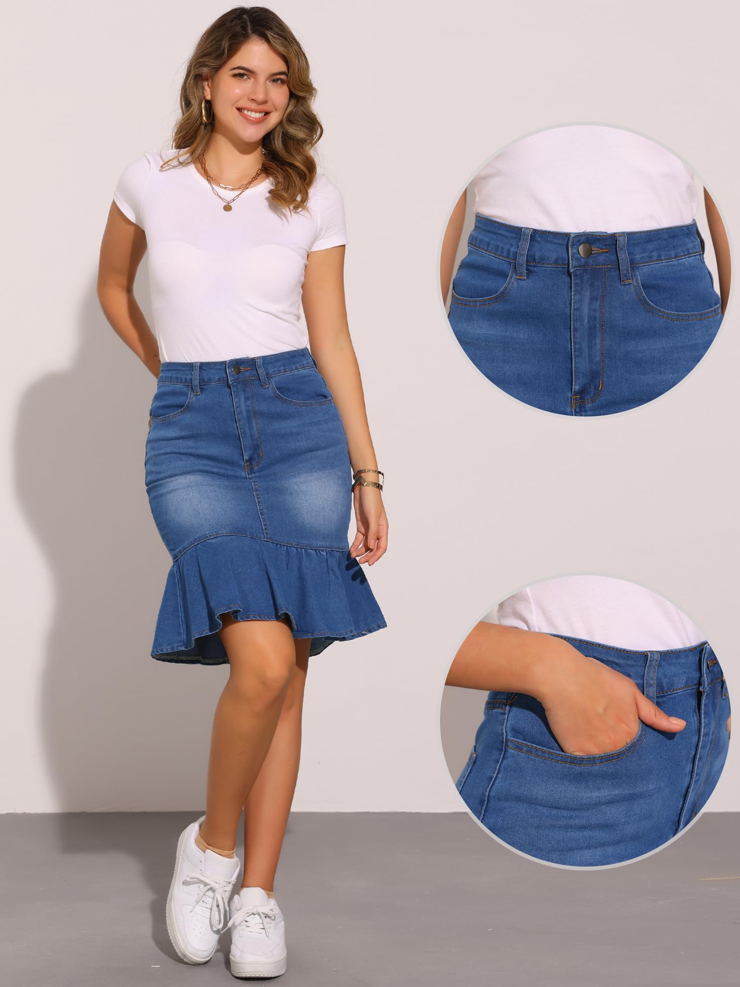 Allegra K Jupe en Jean Femme Longueur Genou Jupe Moulante Sirène à Volants Ourlet en Queue de Poisson Jupe Taille Haute Vintage