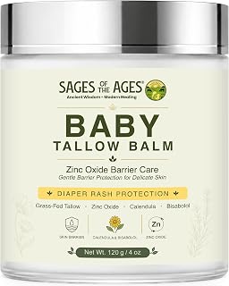 Baby Diaper Balm for Rash Protection with Grass-Fed Tallow & Zinc Oxide | Petroleum-free baby rash cream alternative & barrier balm with calendula and bisabolol in a wide-mouth glass jar - 4 Oz